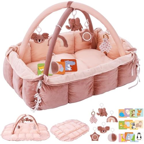 5-in-1 Plush Baby Play Gym, Baby Play Mats, Convertible Baby Gym, Tummy time mat, 6 Sensory Toys, Activity Center, Ball Pit, Pink
