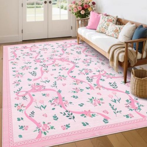 Cute Floral Bow Machine Washable Rug with Non-Slip Backing Thin Bedroom Rug Ultra-Soft & Low Carpet for Living Room Girls Room Playroom Nursery