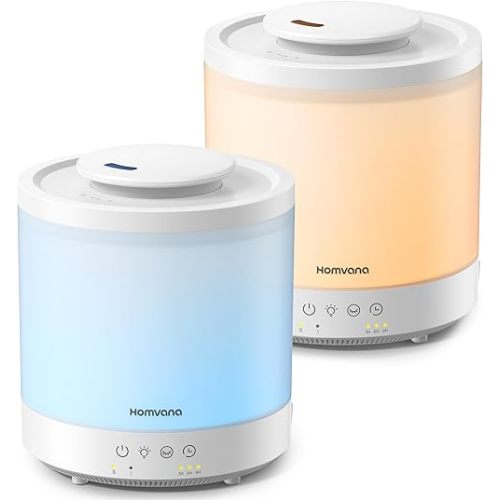 Homvana Small Humidifiers for Bedroom - 2 Packs 1.5L Cool Mist Top Fill Humidifier for Baby Nursery, Essential Oil Diffuser, 3 in 1 for Home Plants Offices and Grow Tents, 7 Color Lights, Ultrasonic