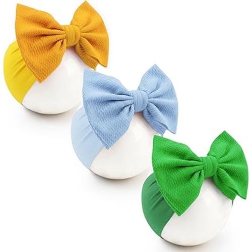 Baby Bow Headbands 3 Pcs Baby Girl Headbands with Bows Soft Nylon Green/Yellow/Blue Headband Bows for Baby Girls, Newborns, Infants