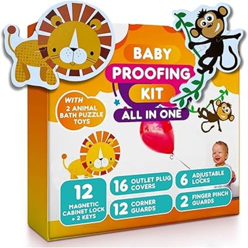 Child Safety Kit - 67 Pack Baby Proofing Essentials | Magnetic Cabinet Locks, Power Point Outlet Covers, Clear Corner Protectors, Strap Locks, Finger Pinch Guards | Bonus Bath Toys
