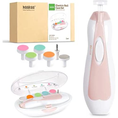 haakaa Baby Nail Trimmer Electric,Baby Nail File Kit,Safe and Whisper Quiet for Newborn Toddler Toes and Fingernails, 6 Grinding Heads and LED Light(Pink)