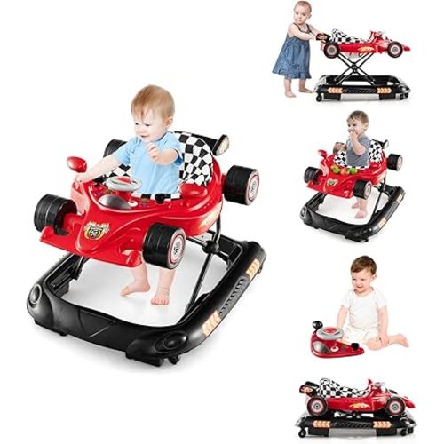 BABY JOY 4-in-1 Baby Walker, Foldable Activity Walker with Adjustable Height, Music & Lights, Anti-Rollover, Toddler Push Walker, Baby Walker with Wheels for Boys Girls 6-14 Months (Red)