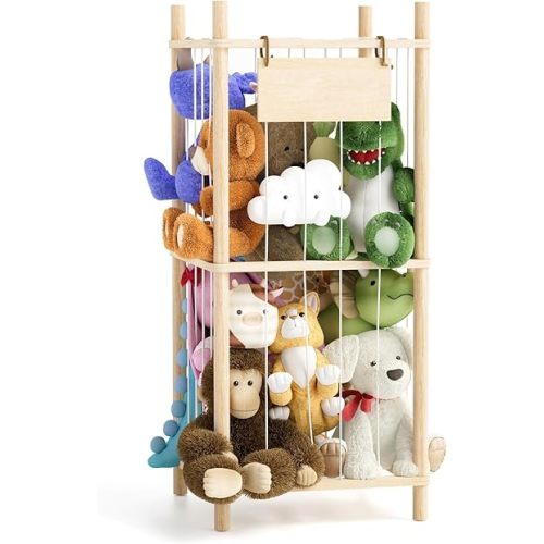 Stuffed Animal Storage, 2 Layer Wood Stuffed Animal Organizer Zoo, Toy Stuffy Storage Bin with Elastic Band and Net for Nursery Play Room Bedroom (Pine Wood)