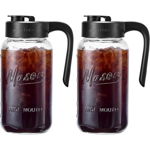 Mason Jar Pitcher - Airtight & Leakproof Glass Pitcher with Lid[set of 2], Perfect for Breastmilk, Cold Brew, and Sun Tea, 2 Quart (64 oz) Mason Jar with Pour Spout Lid