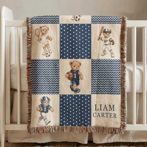 Personalized Teddy Bear Woven Blanket, Vintage Sports Bear Nursery Decor, Custom Name Baby Blanket, Classic Nursery Gift