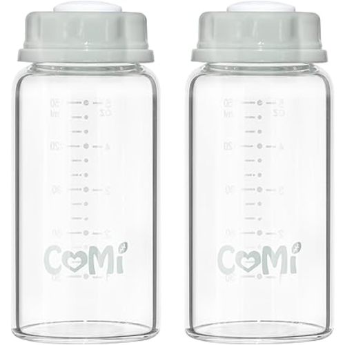 COMI Natural Glass Baby Bottle,Breastmilk Storage Bottle for Fridge,Breast Milk Container,Breast Pump Bottle Compatible with Medela Breast Pump,BPA Free,2PCS (5oz,2 Gray Lids)