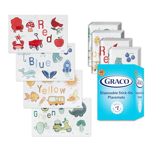Graco Baby Disposable Stick-On Placemats, 40 Sheets with Assorted Designs, 12" x 18", Adhesive Table Mats for Mealtime, Home & Restaurant Use, Eco-Friendly
