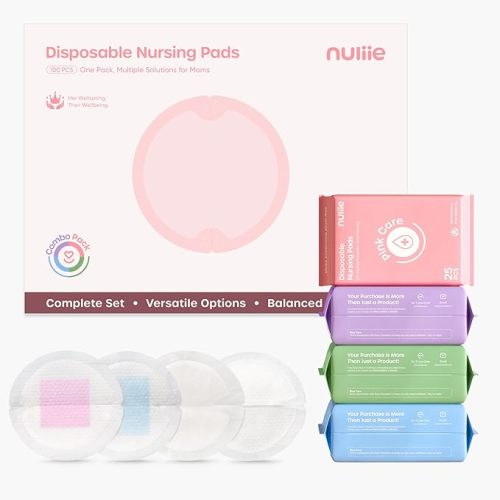 Nuliie 100 PCS Disposable Nursing Pads, Ideal for First-Time Buyers to Find Perfect Match, 4 Materials Trial (Viscose from Bamboo, Classic, Blue Core, Pink Care), Breastfeeding Essentials for New Moms
