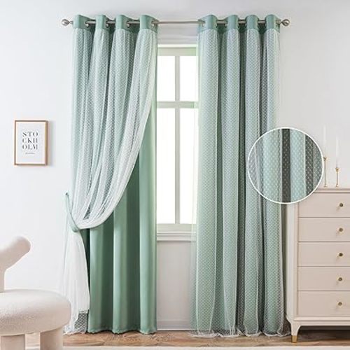 MYSKY HOME Curtains for Girls Bedroom & Nursery Kids Green Cute Curtains Double Layer with Polka Dots Sheer, Grommet Tops, 52x84 Inch Each Panel, 2 Panels