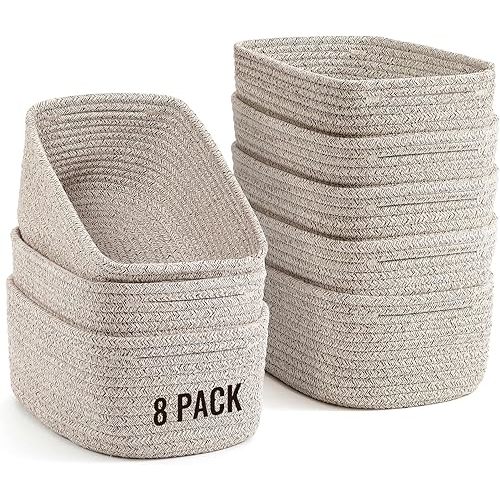 8 Pack Small Storage Baskets for Organizing, Woven Rope Bins for Bathroom, Closet, Shelf Organizer, Cute Cube Decorative Box for Towels, Baby Nursery, Toys, Gift Empty Baskets - 11.5"x7.5"x4.7"-Brown