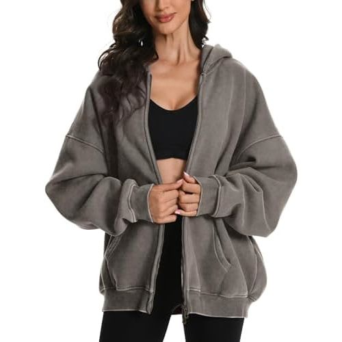 FAIABLE Womens Mens Zip Up Hoodie Oversized Acid Wash Hoodies Heavyweight Distress Cotton Fleece Zipper Hoodie Vintage