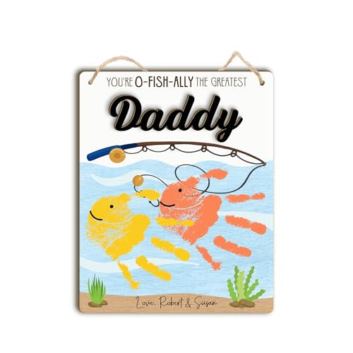 Custom DIY Baby Handprint Gift for Dad Gift for Fishing Daddy with Kids Handprint for Christmas Father's Day Baby's First Fathers Day Wood Hanging Sign for Dad You Are O-Fish-ally The Greatest Daddy