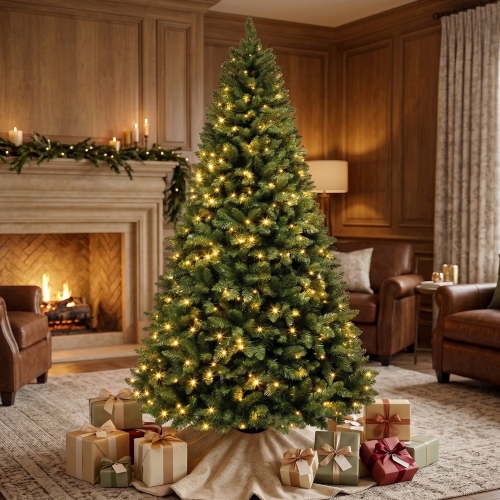 VIVATREES 6ft Pre-lit Artificial Christmas Tree 760 Hinged Branch Tips with 230 LED White Warm Lights Foldable Metal Base