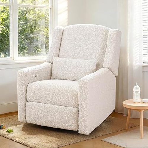 Power Recliner Chair Swivel Gilder Rocking Chairs Skin-Friendly Power Recliner Nursery Chair for Adults with Waist Pillow, USB Charging (Beige, Only Recliner Chair)