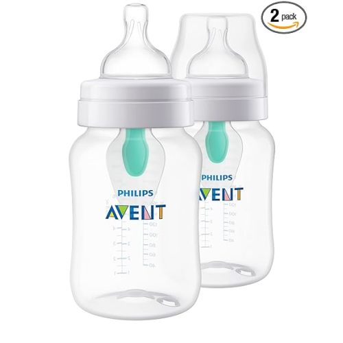 Philips Avent Anti-Colic Baby Bottle with AirFree Vent, 9oz, with Flow 2 Nipples, 1m+, 2pk, Clear, SCY703/02
