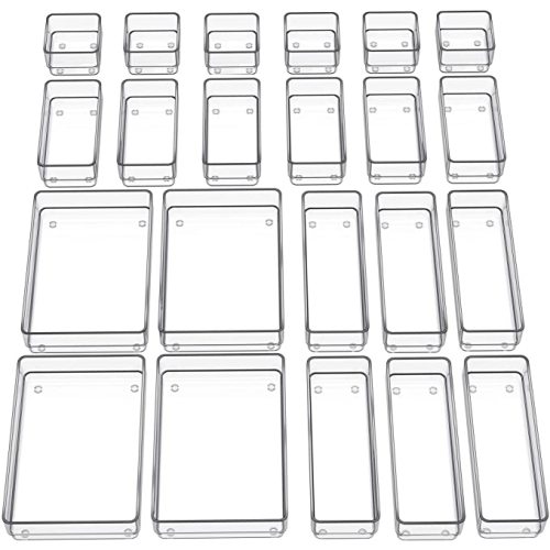 SMARTAKE 22-Piece Drawer Organizer with Non-Slip Silicone Pads, 4-Size Clear Desk Drawer Organizer Trays Storage Tray for Makeup, Jewelries, Utensils in Bedroom Dresser, Office and Kitchen, Clear