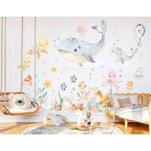 Ocean Babies Watercolor Wall Decal - Playful Sea Creatures for Girls' Room Decor - BR162
