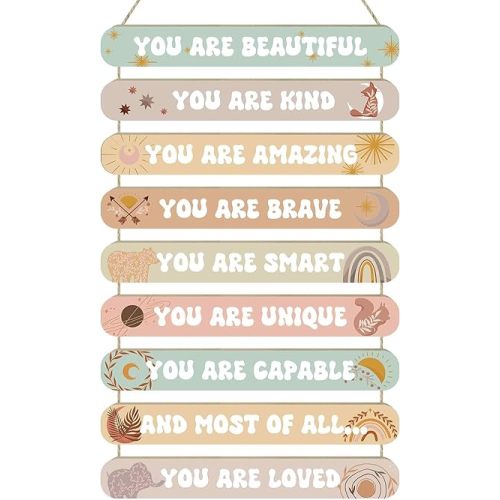 MONALET Boho Inspirational Motivational Wall Art Decor for Girls Room Nursery Baby Kids Playroom Bedroom Door, Positive Affirmations Hanging Wood Signs Decorations, Girly Wooden Plaque, 12x19