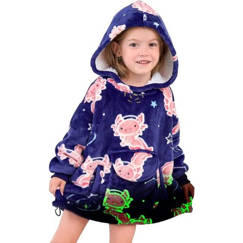 GEULAY Wearable Blanket Hoodie - Glow in the Dark Axolotl blankets, Warm Cozy Axolotl Gifts Toys for 2-6 Year Old Cute Oversized Sweatshirt Throw Blanket