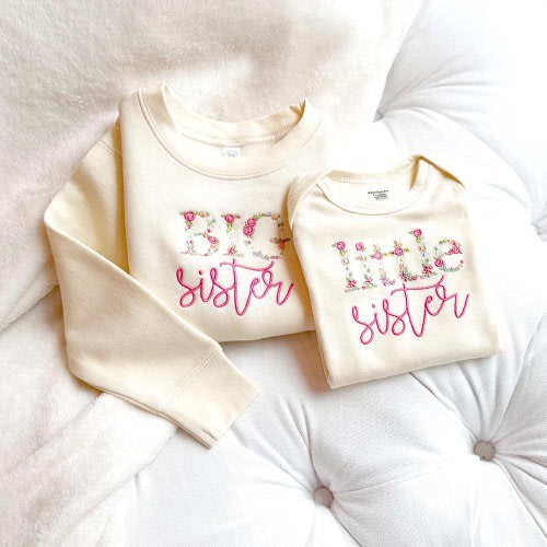 Embroidered Floral Big Sister little sister Sweatshirt or onesie : Pregnancy Announcement Sibling Gift