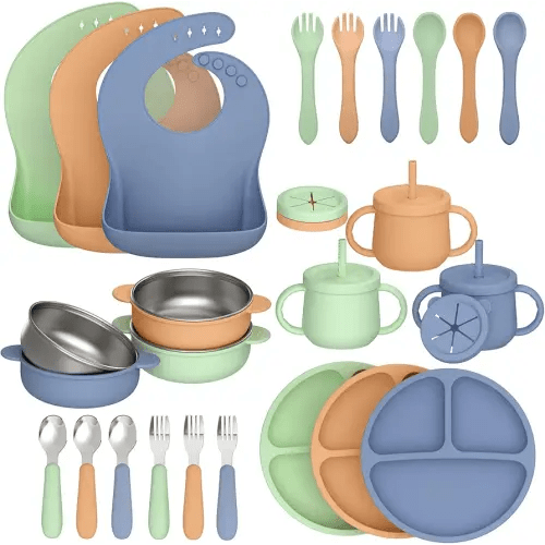 27 Pack Silicone Baby Feeding Set, Hepotk BPA-Free Food Grade Baby Feeding Essentials Utensils, Second Stage Baby Food Eating Utensils, Set of 3 babies(Brown, Blue, Green)