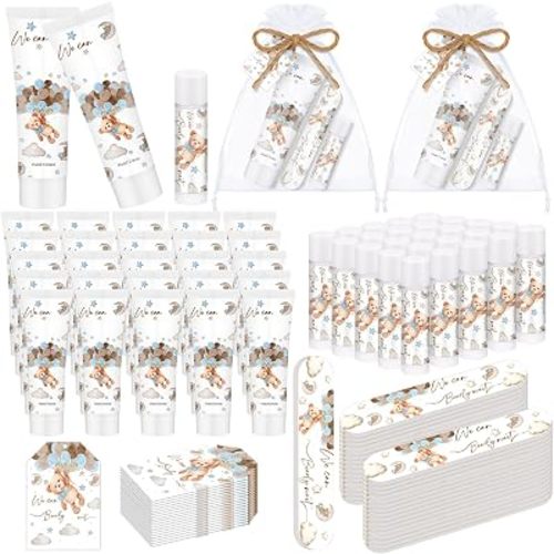 25 Set/ 125 Pcs We Can Bearly Wait Bear Baby Shower Favor Game Prize Party Gift Bulk Hand Cream Lip Balm Nail File Return Gifts Set Blue Brown Bear Gender Reveal Decoration Souvenir for Guest