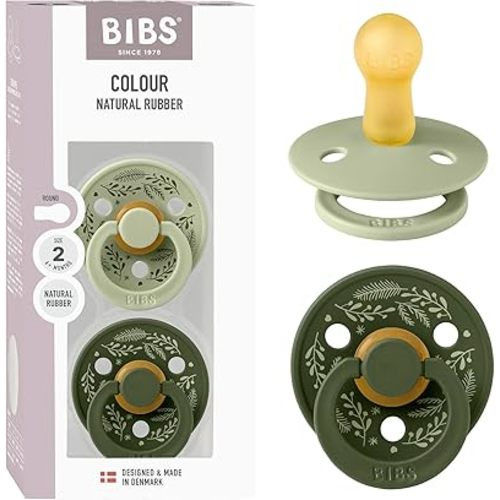 BIBS Colour Holiday Pacifier 2-Pack, BPA Free Pacifier, Round Nipple. Natural Rubber Latex, Made in Denmark, Size 2 (6-18 Months), Sage/Hunter Green