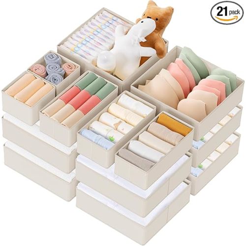 Drawer Organizer Clothes, 21 Pack Dresser Organizer for Baby Clothes, Underwear, Sock - Foldable Closet Organization and Storage Dividers Bins for Nursery, Bedroom (Oatmeal)