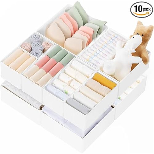 Criusia Drawer Organizer Clothes, 10 Pack Dresser Organizer for Baby Clothes, Underwear, Sock- Foldable Closet Organization and Storage Dividers Bins for Nursery, Bedroom (White)