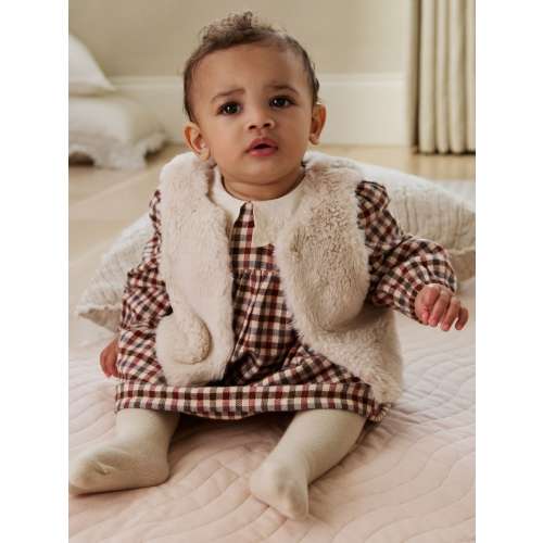 Berry/ Cream Gingham Baby Dress and Waistcoat 2 Piece Set (0mths-2yrs)