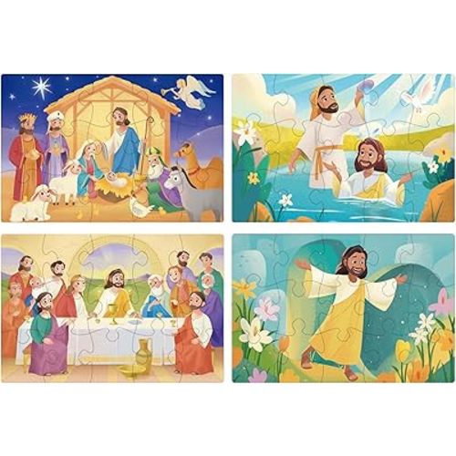 Bible Themed 4-in-1 Wooden Jigsaw Puzzles in Box, 15 Piece Each, Christian Religious Nativity Toys for Kids, Easter Christmas Puzzle for Kids (New Testament)