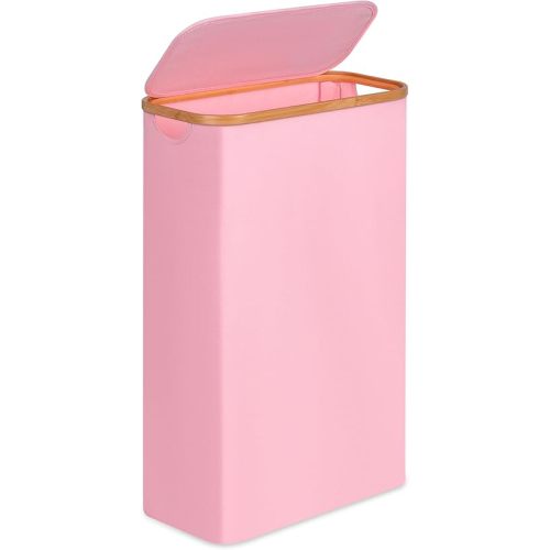 Slim Laundry Basket,60L Laundry Hamper with Lid, Tall Hamper for Laundry,Dirty Cloth Hamper with Bamboo Handle for Toys,Towels, Clothes Organizing,Pink