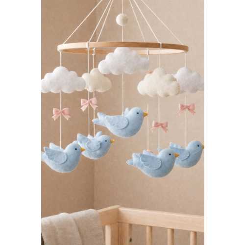 Baby Blue Bird Crib Mobile – Cinderella Nursery Decor – Felt Baby Mobile with Clouds – Princess Nursery – Baby Shower Gift