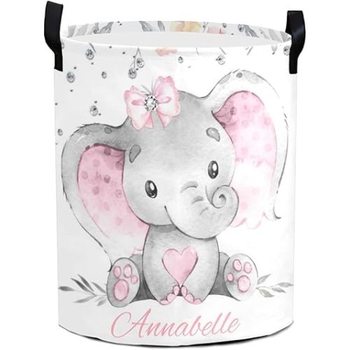 Pink Gray Elephant Diamond Personalized Waterproof Foldable Laundry Basket Bag with Handle, Custom Collapsible Clothes Hamper Storage Bin for Toys Laundry Dorm Travel Bathroom