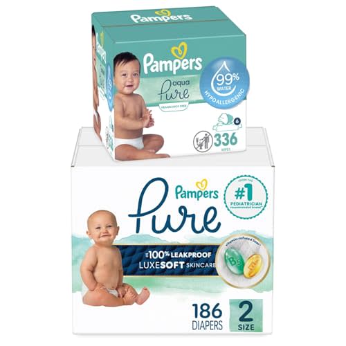 Pampers Pure Protection Disposable Baby Diapers Size 2, 186 Count with Aqua Pure Baby Wipes, 6X Pop-Top Packs (336 Count)