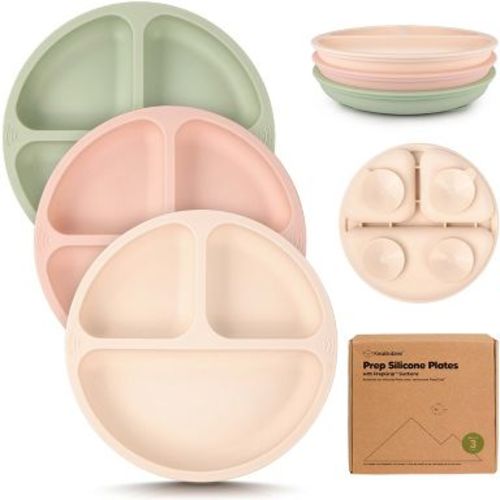 3-Pack Prep Suction Plates for Baby, 100% Silicone Toddler Plates, BPA-Free Divided Baby Plates with Suction (Macaron)
