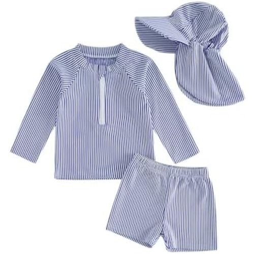 Toddler Baby Boys Seersucker Long Sleeve Swimsuit Trunks Bathing Suit Swimwear with Hat 3Pcs Rash Guard Set