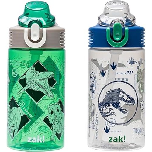 Zak Designs Jurassic World Dominion Movie Sage Kids Water Bottle For School or Travel, 16oz Durable Plastic Water Bottle With Straw, Handle, and Leak-Proof, Pop-Up Spout Cover, 2-Pack Set