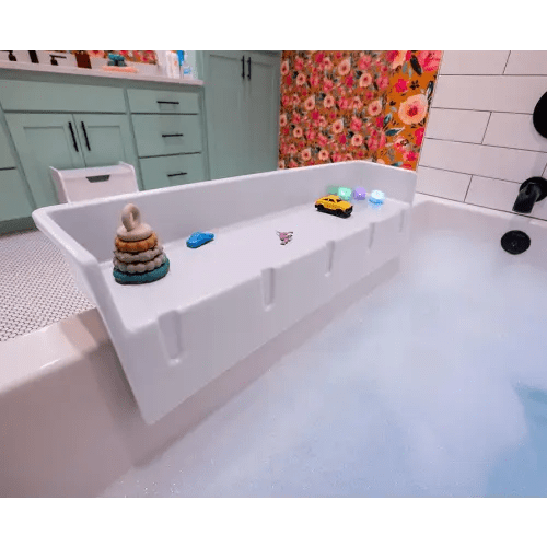 Tub Topper® Bathtub Splash Guard & Bath Shelf for Kids – Toddler Bath Tray, Bath Toys Storage & Ledge Organizer – Splash Guard for Bathtub with Suction Cups – Kids Bathroom Accessories (White)