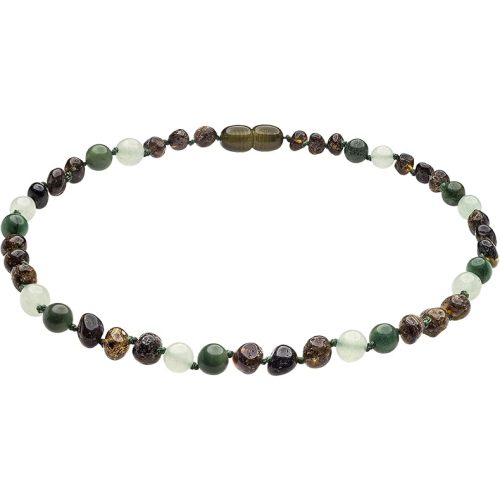 Genuine Amber Necklace from Baltic Sea Made with Polished Green Aventurine and African Jade 33 cm (13 Inches)