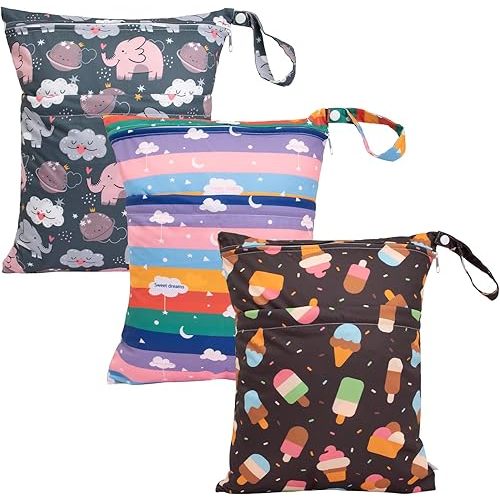 babygoal Wet Dry Bags 3 Pack for Baby Cloth Diapers, Washable Travel Bags, Beach, Pool, Gym Bag for Swimsuits & Wet Clothes with Two Zippered Pockets 3LN27