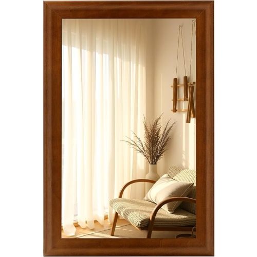 Tanmicoshomy Wood Bathroom Mirror 24 x 36 Inch, Solid Wood Framed Rectangle Mirrors with Tempered Glass for Living Room Bedroom Office or Entryway (Brown)