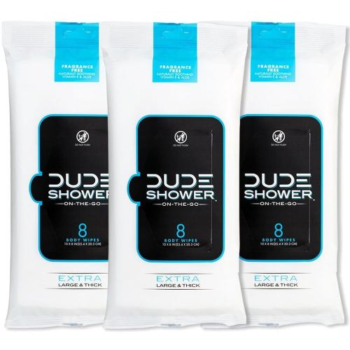 DUDE Wipes - On-The-Go Shower Wipes - 3 Pack, 24 Wipes - Unscented Extra-Large Wipes - Vitamin E & Aloe Full Body Shower Replacement Wipes