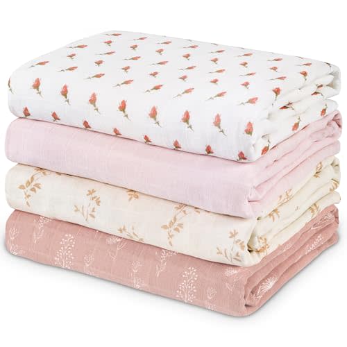 CIVARUA KIDS Muslin Swaddle Blankets for Newborn, 4 Pack Organic Cotton Baby Blankets for Girls, Large 31.5 x 43.3 Breathable Soft Receiving Blanket, Essentials Swaddle Wrap Burping Clothes, Flowers