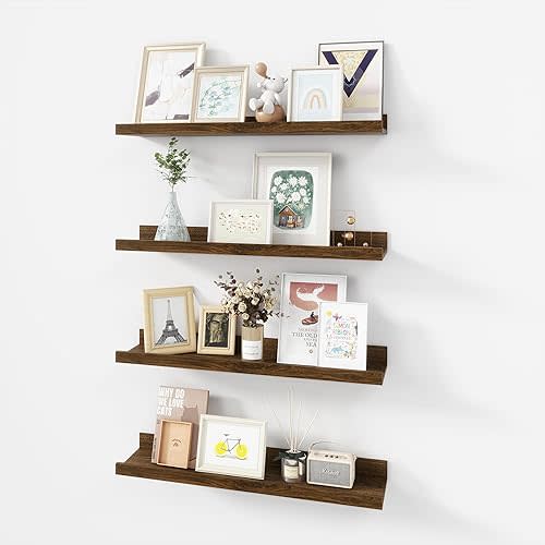 Picture Ledge Shelf, Wood Floating Shelves Set of 4, 24 inch Picture Ledge Shelves, Photo Ledge Nursery Book Shelves Wall Mounted for Living Room Kids' Room Bedroom, Color Walnut
