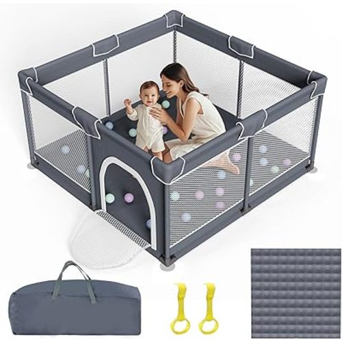 Baby Playpen with Mat, Playpen for Babies and Toddlers, Large Baby Play Pen with Pad, Playard with Bag, Indoor & Outdoor Play Pen, Sturdy Safety Play Yard with Soft Breathable Mesh (Grey)