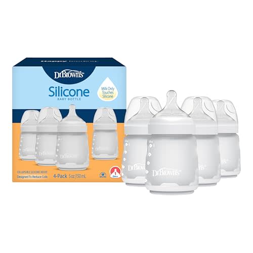 Dr. Brown's Silicone Baby Bottle with Collapsible Insert Designed to Reduce Colic, 5 oz with Wide-Neck Level 1 Slow Flow Nipple, BPA-Free, 0m+, White, 4-Pack