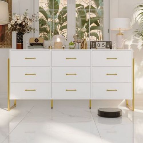 Famapy Large White 9 Drawers Dresser With Form Metal Legs