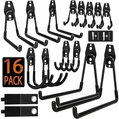 Steel Garage Storage Hooks - 16 Pack Anti-Slip Coating, Heavy Duty Wall Mount Hooks for Hanging Bike, Ladder, Garden Tools